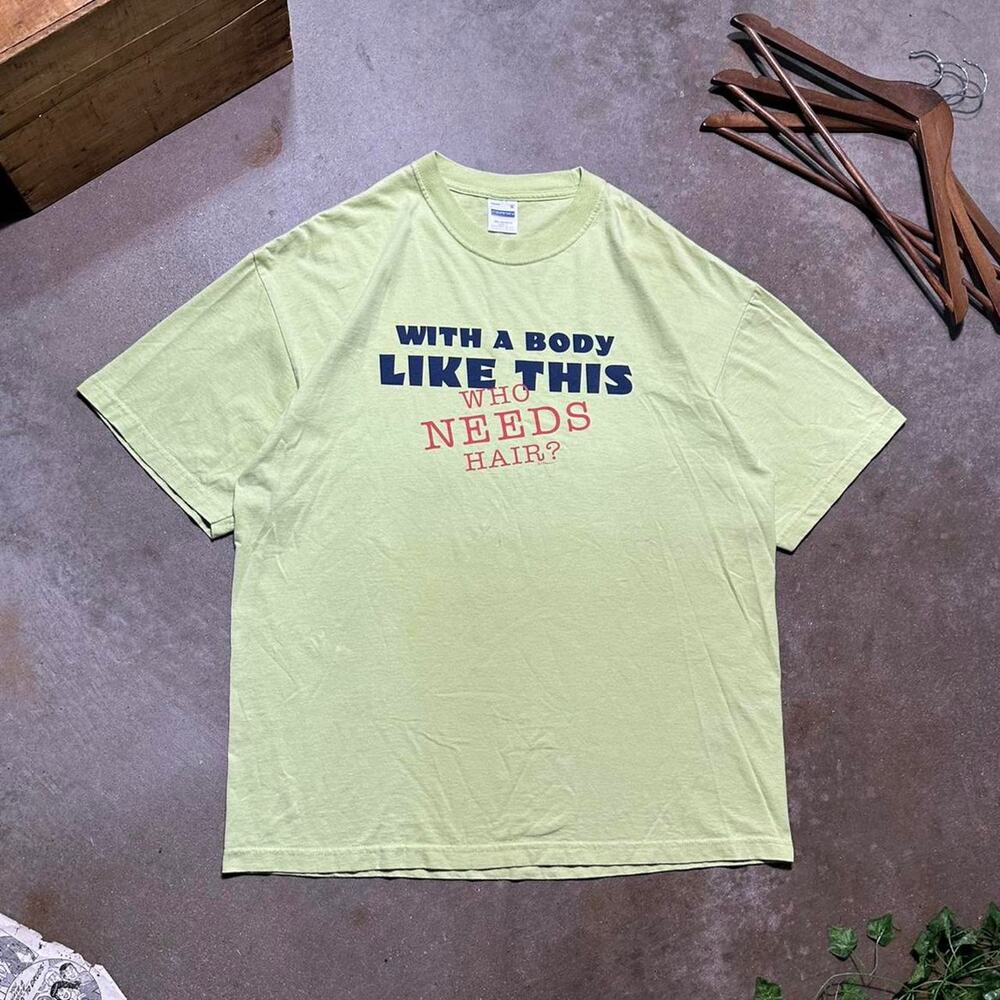 Vintage Y2K "Who Needs Hair?” Comedy Funny Humor Joke Text Tee Shirt Mens XL